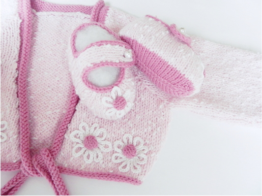 Baby Pink Cardigan and matching Slippers set by StarBaby Knitwear, www.starbabyknitwear.com