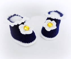 Daisy Booties, Navy Booties, hand knitted booties by StarBaby Designer Knitwear, www.starbabyknitwear.com