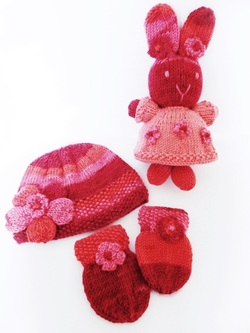 Beanie Hat and Mittens, Bunny Toy by StarBaby Designer Knitwear,  www.starbabyknitwear.com