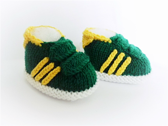 Baby Sneakers, Adidas style Green Gazelles, hand knit booties by StarBaby Designer Knitwear, www.starbabyknitwear.com